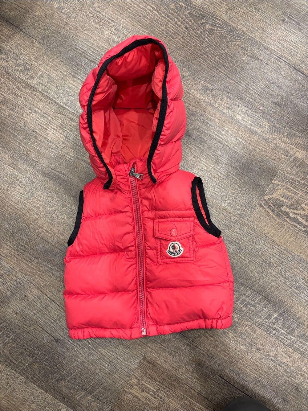 Moncler Kids Red Hooded Puffer Vest with Black Trim